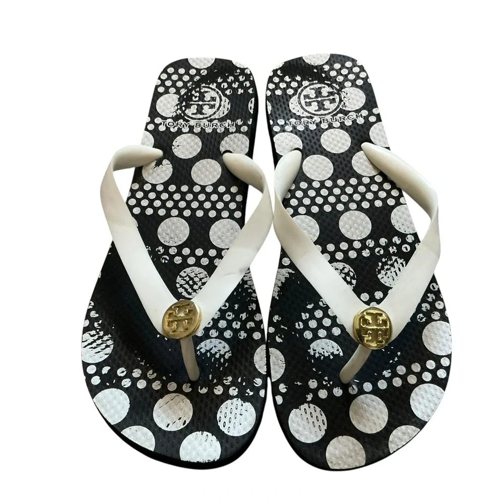 Tory Burch women’s sandals size 8 black white polka dot foam flip flops